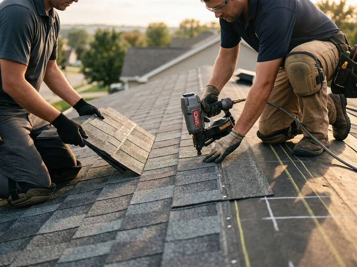 Professional roofer working on a residential roof in Meadow Lakes